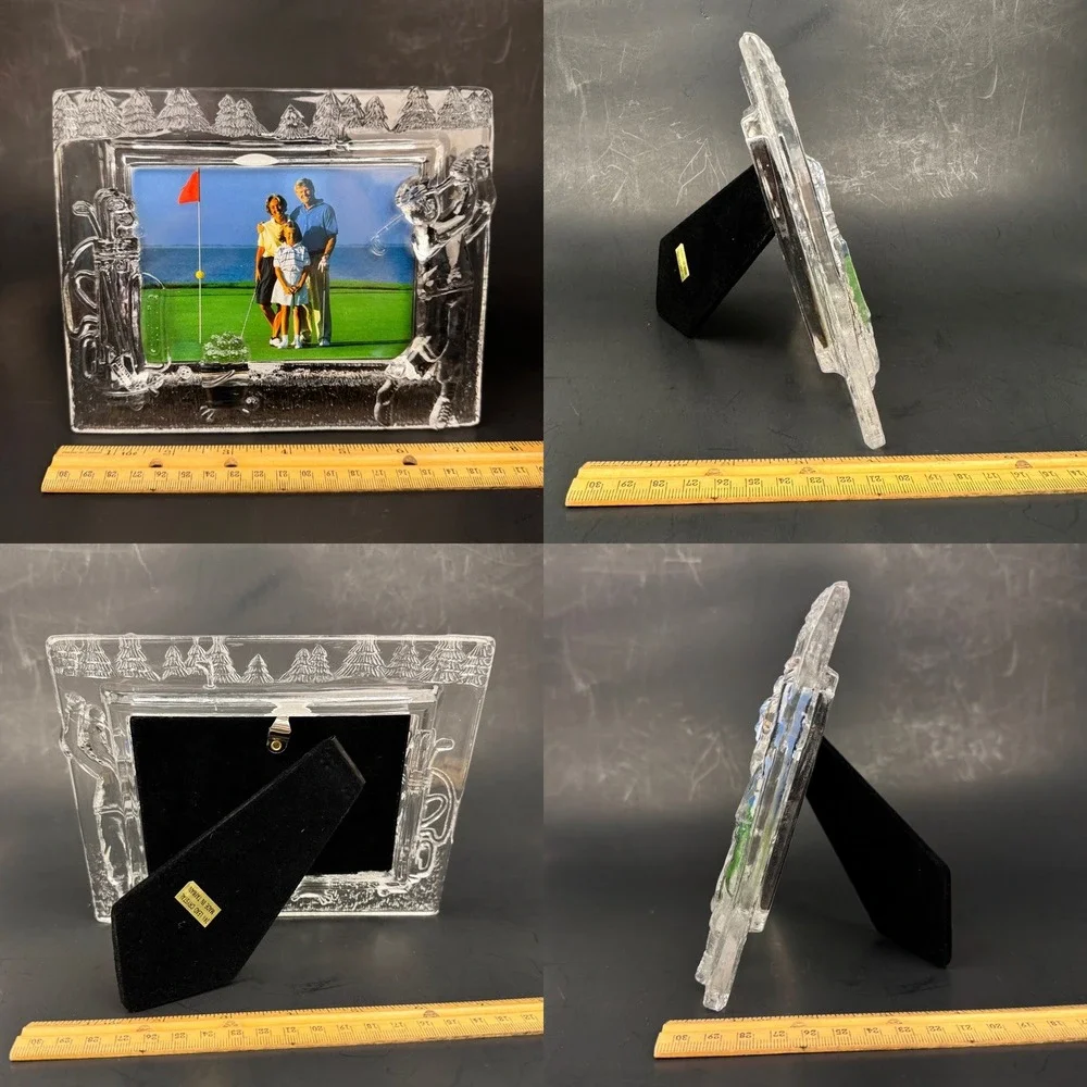 Vtg Lead Crystal Golf Picture Frame Clear Glass Tabletop Horizontal 3D‎ Orig Box